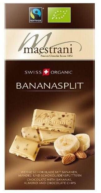 Maestrani Bananasplit белый шоколад банан, миндаль, шок. стружка 80 гр - фото 39770